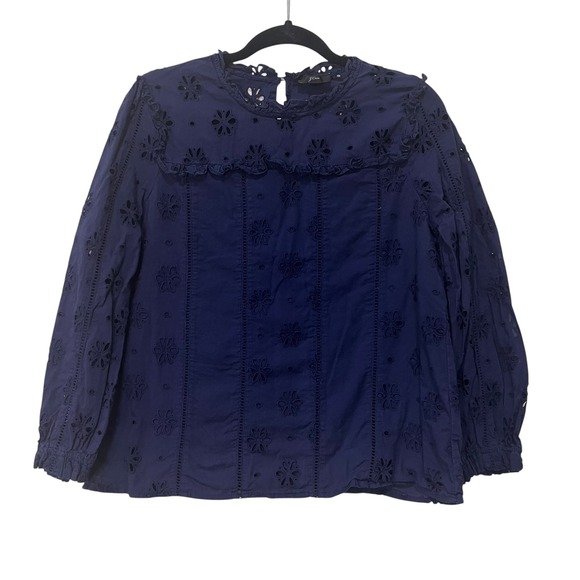 J.Crew Tops - J.Crew Ruffle Eyelet Long Sleeve Top Navy Medium Coastal Grandmother A7